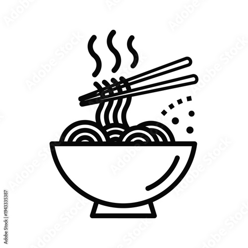 Hot Noodle Bowl with Chopsticks Icon, Steaming Food, Asian Cuisine Simple Line Art