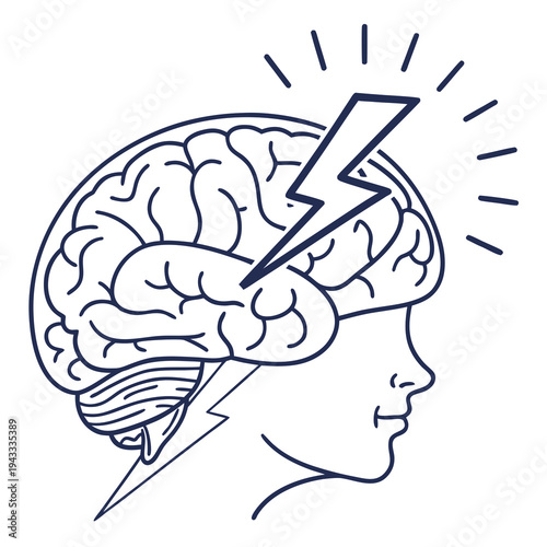 Profile of head with stylized lightning striking brain concept for brilliant idea insight inspiration or sudden realization illustration