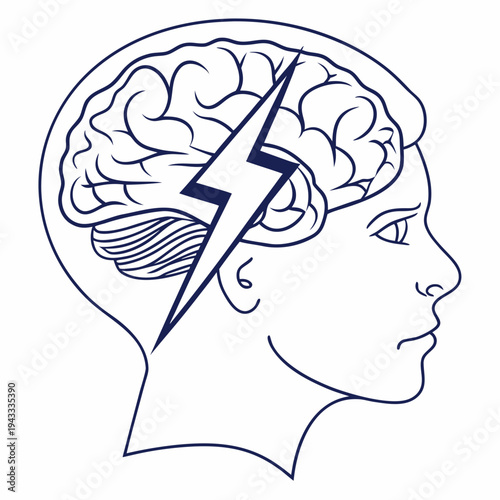 Side profile of human head with lightning bolt inside brain symbolizing stress headache or intense mental focus illustration