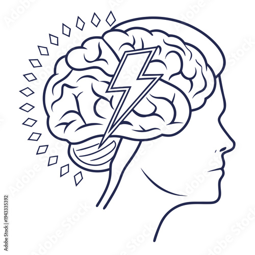 Profile silhouette of person with stylized lightning bolt striking brain symbolizing idea concept or headache pain illustration