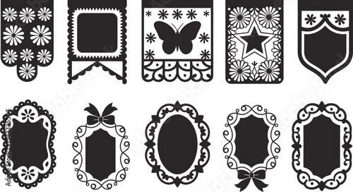 Cinco de Mayo Papel Picado Banner Collection, Floral Paper Cut Mexican Festive Decorations with Empty Space for Text, Traditional Fiesta Flags Design for Celebration, Party Decor Vector Illustration