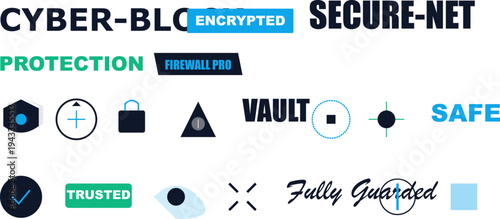 Cybersecurity protection concepts: digital network security, data privacy, firewall, antivirus, secure information technology safety icons.
