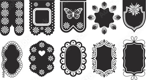 Cinco de Mayo Papel Picado Banner Collection, Floral Paper Cut Mexican Festive Decorations with Empty Space for Text, Traditional Fiesta Flags Design for Celebration, Party Decor Vector Illustration