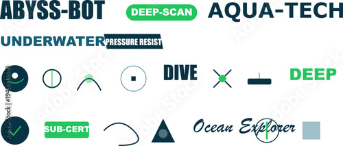 Deep Sea Underwater Technology Exploration Vector Icons, Typography, and Abstract Symbols for Marine Science Research