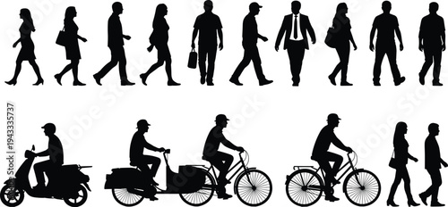 Black silhouette collection of people walking, riding bicycles, scooter, business men and women commuting, and pedestrians isolated on white background
