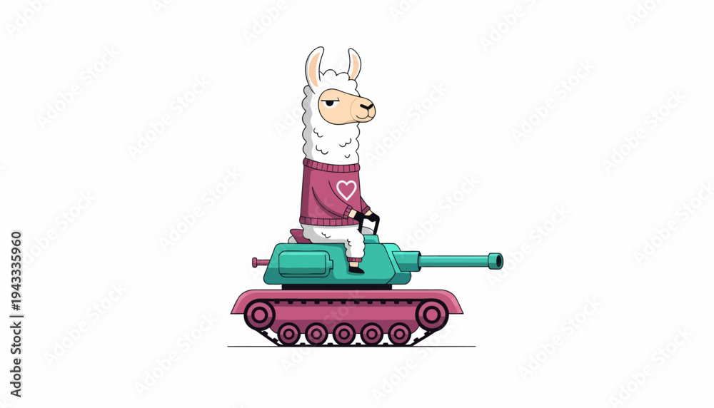 Fototapeta premium Playful cartoon character of a white llama in a charming pink sweater with a heart, skillfully maneuvering a vibrant military tank, creating a humorous and unique visual