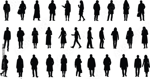 Black silhouette collection of people wearing winter coats, business men and women in outerwear, standing and walking isolated on white