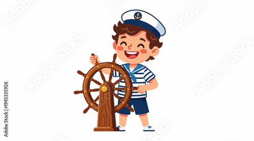 Charming illustration of a cheerful young boy in a sailor's outfit, happily steering a ship's wheel, embodying childhood dreams, maritime exploration, and playful adventure