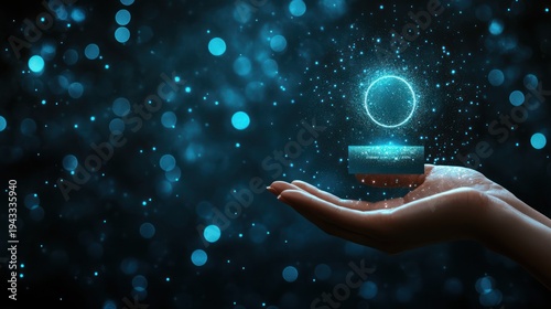 Hand holding glowing orb, abstract background, futuristic concept, stock photo