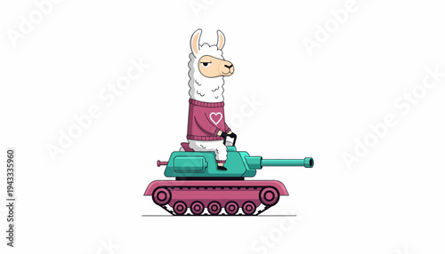 Playful cartoon character of a white llama in a charming pink sweater with a heart, skillfully maneuvering a vibrant military tank, creating a humorous and unique visual