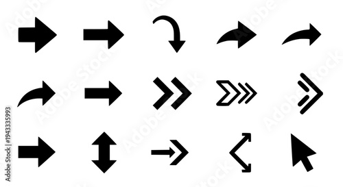 Arrows black vector set with curved and straight lines for navigation and direction. featuring directional symbols,
