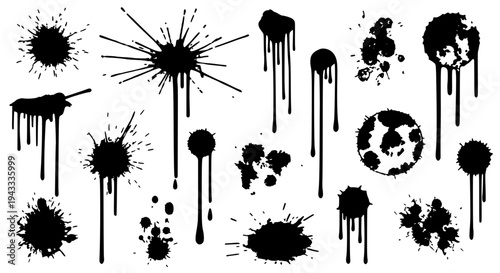 Inkblots set with black paint splatters and drips on white background, grunge texture featuring ink drops, artistic