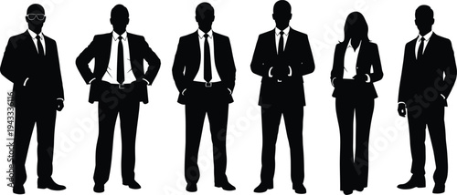 Black silhouette collection of professional business men and women wearing suits, standing in formal poses, and corporate executives isolated on white
