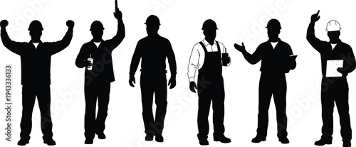 Black silhouette collection of professional business men and women, corporate executives in suits, standing, presenting, and office workers isolated on white