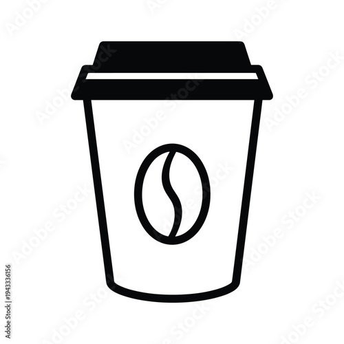 Black and White Coffee Cup Icon with Coffee Bean Symbol