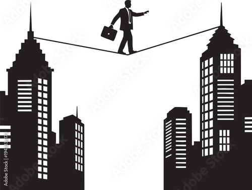 Navigating Corporate Risks Businessman Balancing on a Tightrope Between Towering City Buildings
