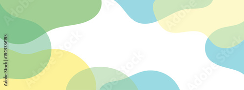 Abstract organic shapes in pastel green, yellow, and blue on a white background
