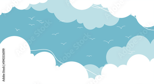 Stylized blue sky with fluffy white clouds and small birds flying in a minimalist cartoon style