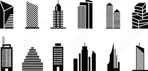 Black City Skyline Silhouettes on White Background
