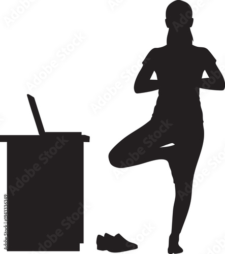 Mindful office worker finds serenity a woman's yoga silhouette beside her desk and laptop