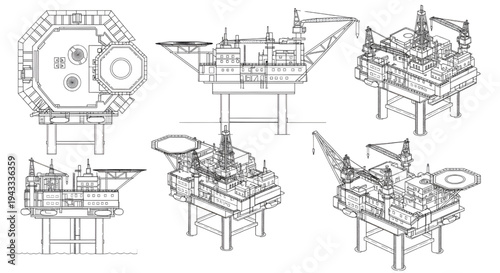 Offshore Oil Platform Blueprint Vector – Petroleum Drilling Rig Multi View Technical Line Drawing Isolated on White