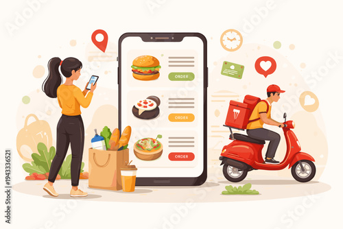 Online Food Delivery Service Concept Vector Illustration with Woman Ordering on Smartphone App and Courier Riding Red Scooter. Restaurant Menu with Burger and Pizza on Mobile Phone Screen.