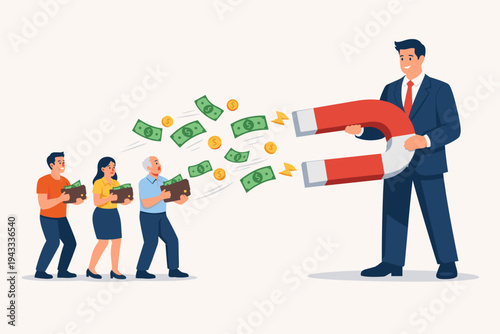 Large businessman holding a giant horseshoe magnet to attract money, dollar bills, and coins from people's wallets, concept of profit, marketing, wealth attraction, and financial exploitation.