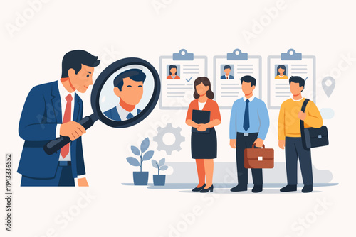 Businessman Looking Through Magnifying Glass at Job Applicants for Recruitment and Hiring Process. HR Manager Selecting Best Candidate from a Group of Professionals for New Career Opportunity.