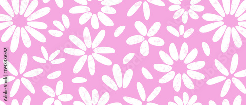 Flower seamless pattern, summer daisy background. Spring chamomile sketch bg, simple grunge floral print. White silhouettes sunflower on pink repeat background. Groovy decorative vector illustration