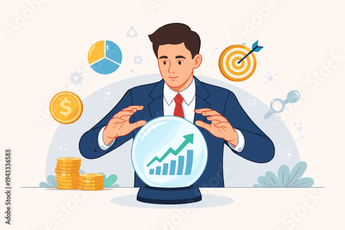 Businessman Predicting Market Trends and Financial Growth Using a Crystal Ball with a Rising Bar Chart, Surrounded by Business Icons like Target, Coins, and Pie Chart Simple Flat Vector Design