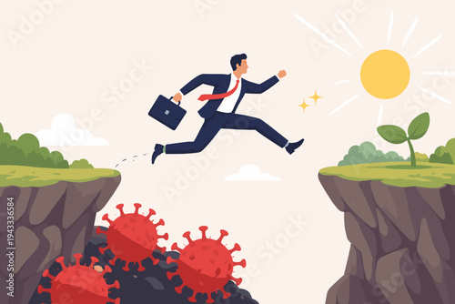 Businessman Jumping Over a Cliff Filled with Coronavirus Obstacles Towards a Bright Future with Sun and Green Sprout, Concept of Business Recovery, Resilience and Growth After Global Pandemic