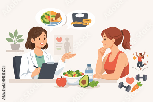 Professional nutritionist giving advice to a woman on a balanced healthy diet and weight loss tips with icons of fresh food, exercise equipment, and body health monitoring for wellness.
