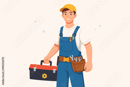 Smiling Handyman in Blue Overalls and Yellow Cap Holding a Toolbox and Wearing a Tool Belt with Wrenches, Flat Vector Illustration of a Professional Repairman for Home Maintenance and Service