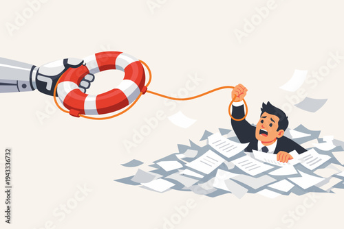 Robot hand holding a lifebuoy and lifeline to rescue a businessman drowning in a massive pile of paperwork, concept of artificial intelligence automation helping overwhelmed office employees.