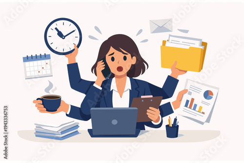 Stressed Multitasking Business Woman with Multiple Arms Handling Many Tasks at Once including Phone Calls, Laptop, Documents, Coffee, and Deadlines in a Simple Flat Vector Illustration Style.