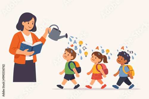 A teacher nurturing children with knowledge using a watering can and a book, symbolizing the growth and development of students in school, flat vector illustration of educational concept.