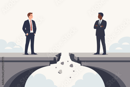 Flat vector illustration of two businessmen, one white and one black, standing on opposite sides of a broken bridge, representing division, conflict, social gap, and communication breakdown.
