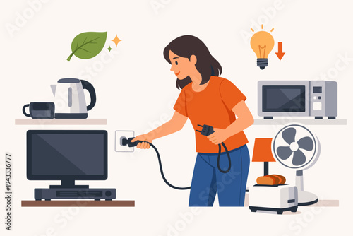 Woman unplugging home appliances like television, microwave, and kettle to save energy and reduce electricity consumption for environmental protection and lower utility bills, flat vector.