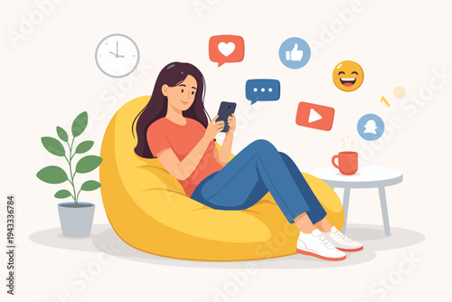 Flat Vector Illustration of a Young Woman Sitting in a Yellow Beanbag Chair, Using Her Smartphone and Wasting Time on Social Media with Floating Icons, Representing Digital Addiction and Leisure.