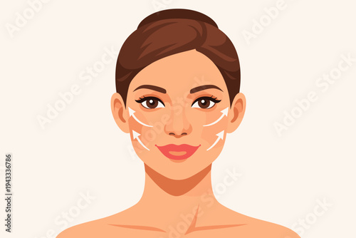 Vector Illustration of a Beautiful Young Woman's Face with White Arrows Indicating Facial Plastic Surgery Procedures like Rhinoplasty, Face Lifting, Blepharoplasty, and Otoplasty for Enhancement.
