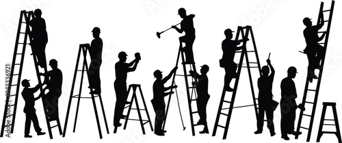 Workers on Ladders Painting and Repairing Building Facade Silhouette