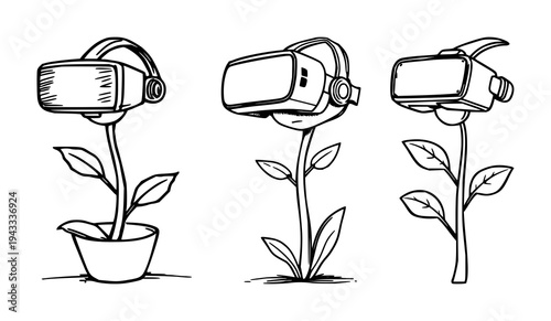 Plant set with VR headset and digital nature theme featuring thick lines, doodle style with quirky elements and white background