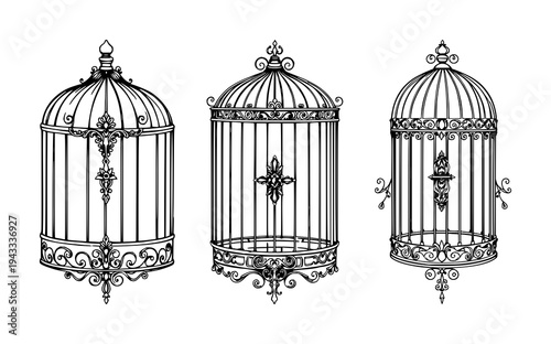Birdcage set with ornate Victorian line art featuring birdcage, decorative latch, floral flourishes with black ink and white background