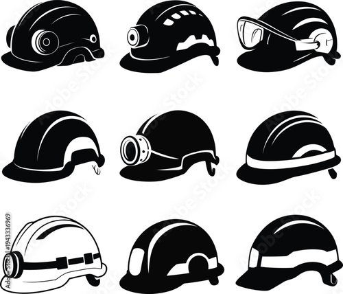 Black and White Construction Helmets with Various Visors and Headbands