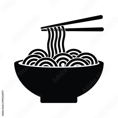Noodles Bowl Icon with Chopsticks - Black and White Vector Illustration