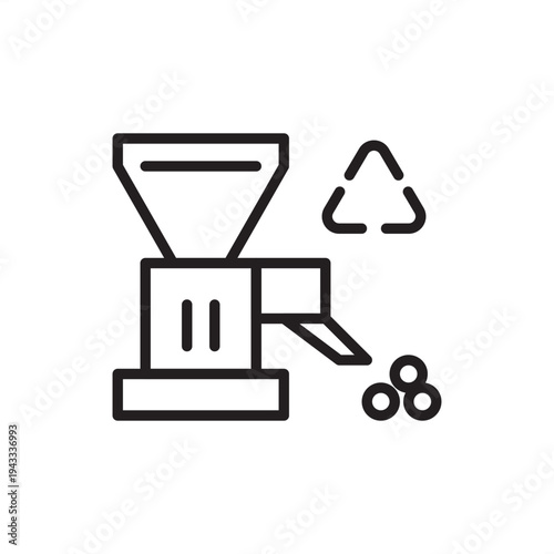 Plastic pelletizer icon. Resin granulation tech, representing material extrusion hardware, polymer recycling tools, industrial pellet production, circular economy gear, and manufacturing facility.