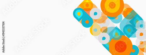 Abstract circles overlap, creating vibrant color blocks. Yellows, oranges, blues dominate design. Minimalist, modern aesthetic.