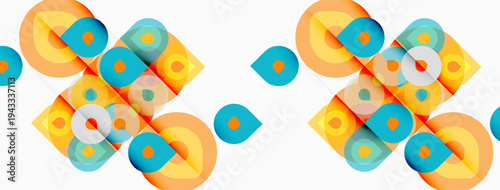 Abstract geometric pattern. Overlapping circles, squares create vibrant design. Orange, teal hues dominate composition. Modern aesthetic.