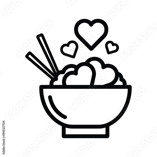 Bowl of Food with Hearts and Chopsticks Icon - Love Food Concept