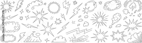 Black and white minimalist illustration of dynamic comic graphic elements. Features explosive bursts, lightning, stars, and speech bubbles for modern design